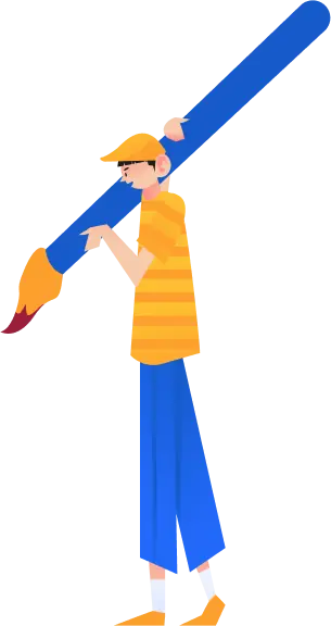 A boy in a yellow shirt and blue pants is holding a giant blue paintbrush.